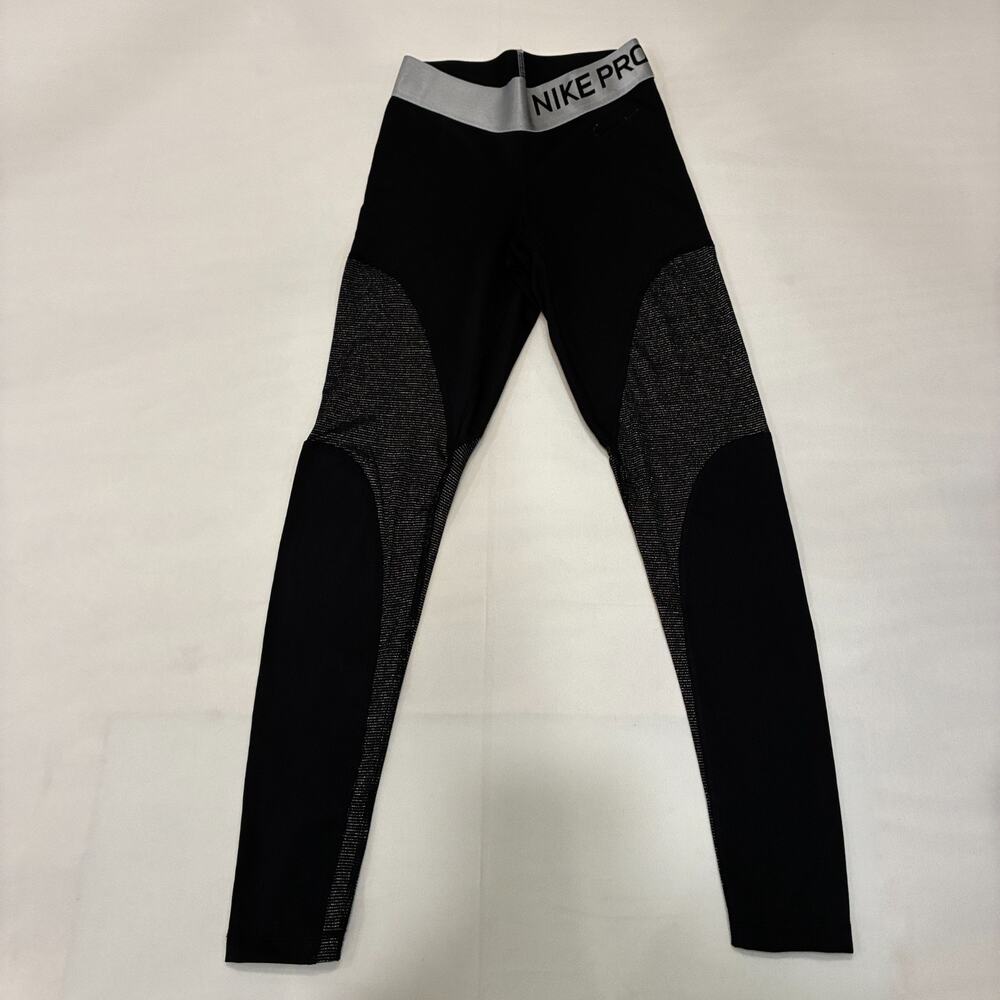 Nike Pro Leggings Women's XS Black Silver Metallic Pull On Elastic Waist